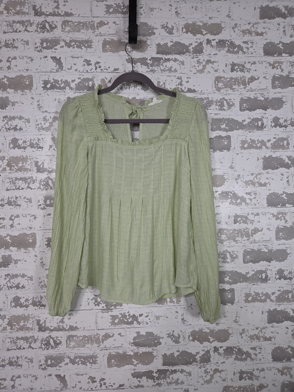 Mine Womens Sage Green Blouse Square Neck Smocked Boho Peasant Top